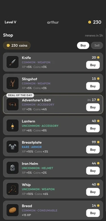 Dungeonlog shop with a deal of the day and items to buy