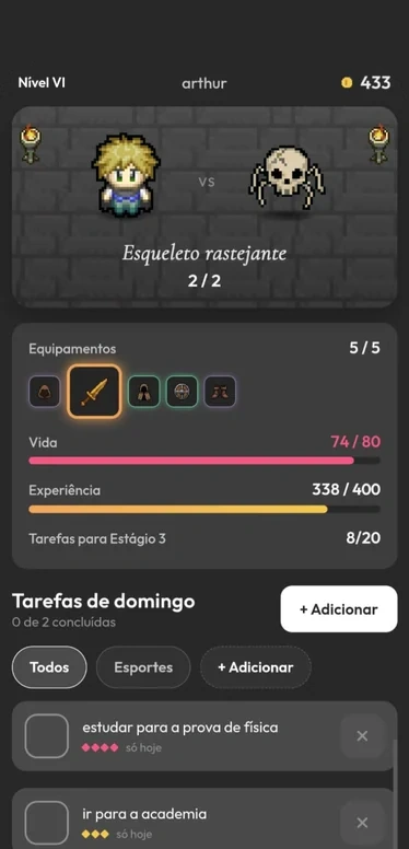 Tela principal do Dungeonlog: herói enfrentando o monstro do dia, com a lista de tarefas
