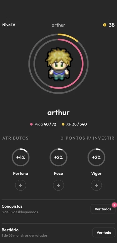 Perfil do herói com os atributos Fortuna, Foco e Vigor, conquistas e bestiário